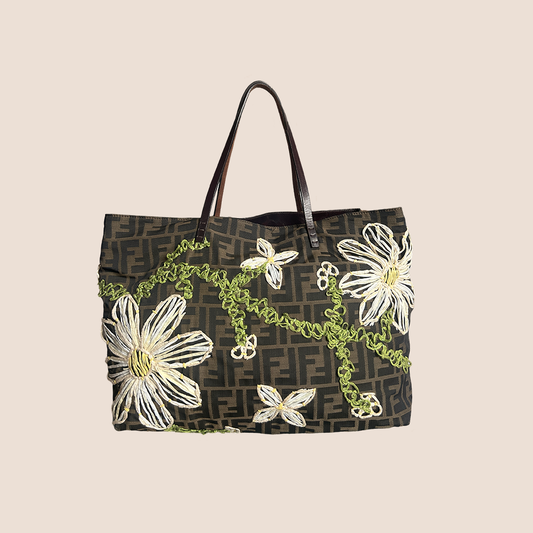 FENDI FLORAL EMBROIDERED BROWN CANVAS ZUCCA SHOPPER TOTE