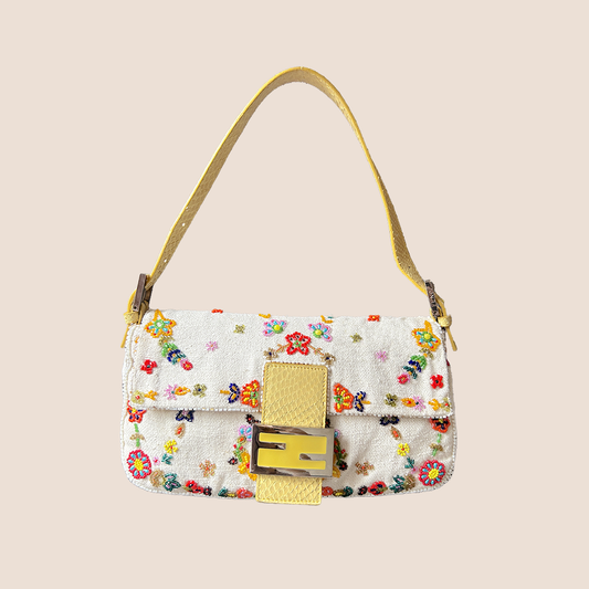 FENDI CREAM FLORAL BEADED BAGUETTE  BAG