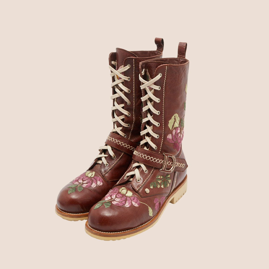 CHRISTIAN DIOR BROWN FLORAL & BUTTERFLY EMBROIDERED COMBAT BOOTS