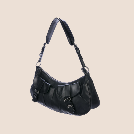 CHRISTIAN DIOR BLACK LEATHER CROISSANT SHOULDER BAG