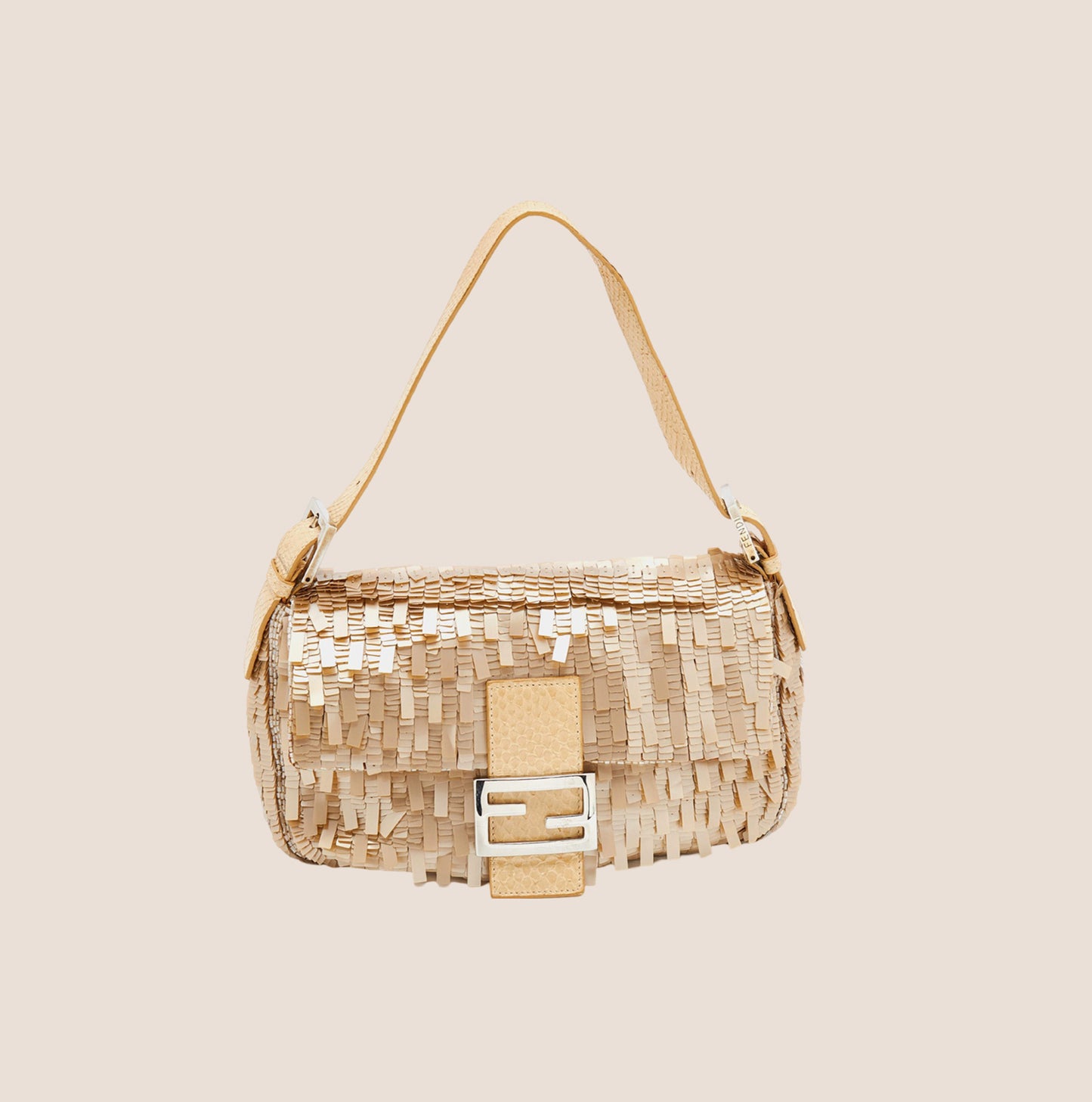 FENDI BEIGE & GOLD SEQUIN PAILLETTES SNAKESKIN BAGUETTE ABG