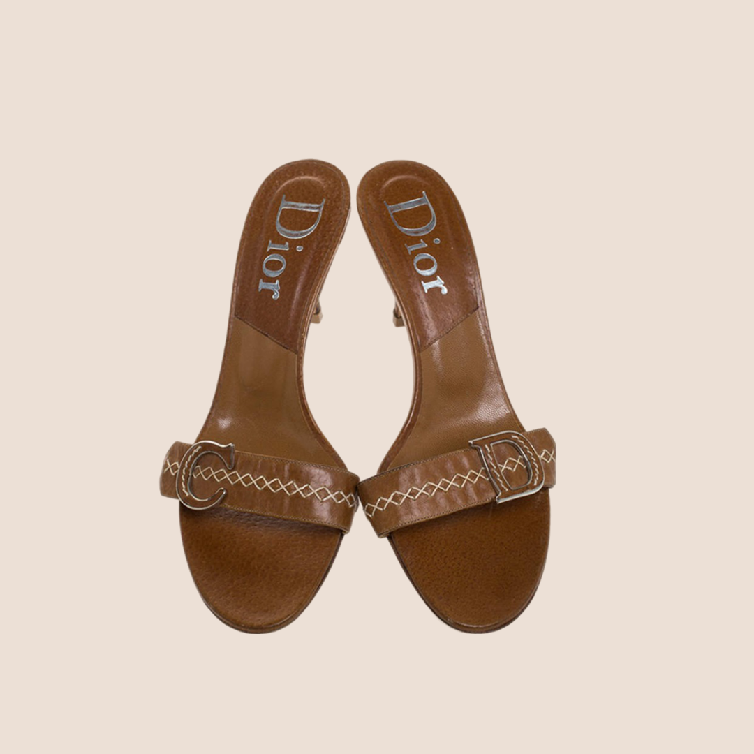 CHRISTIAN DIOR BROWN LEATHER CROSS STITCH LOGO SLIDE SANDALS