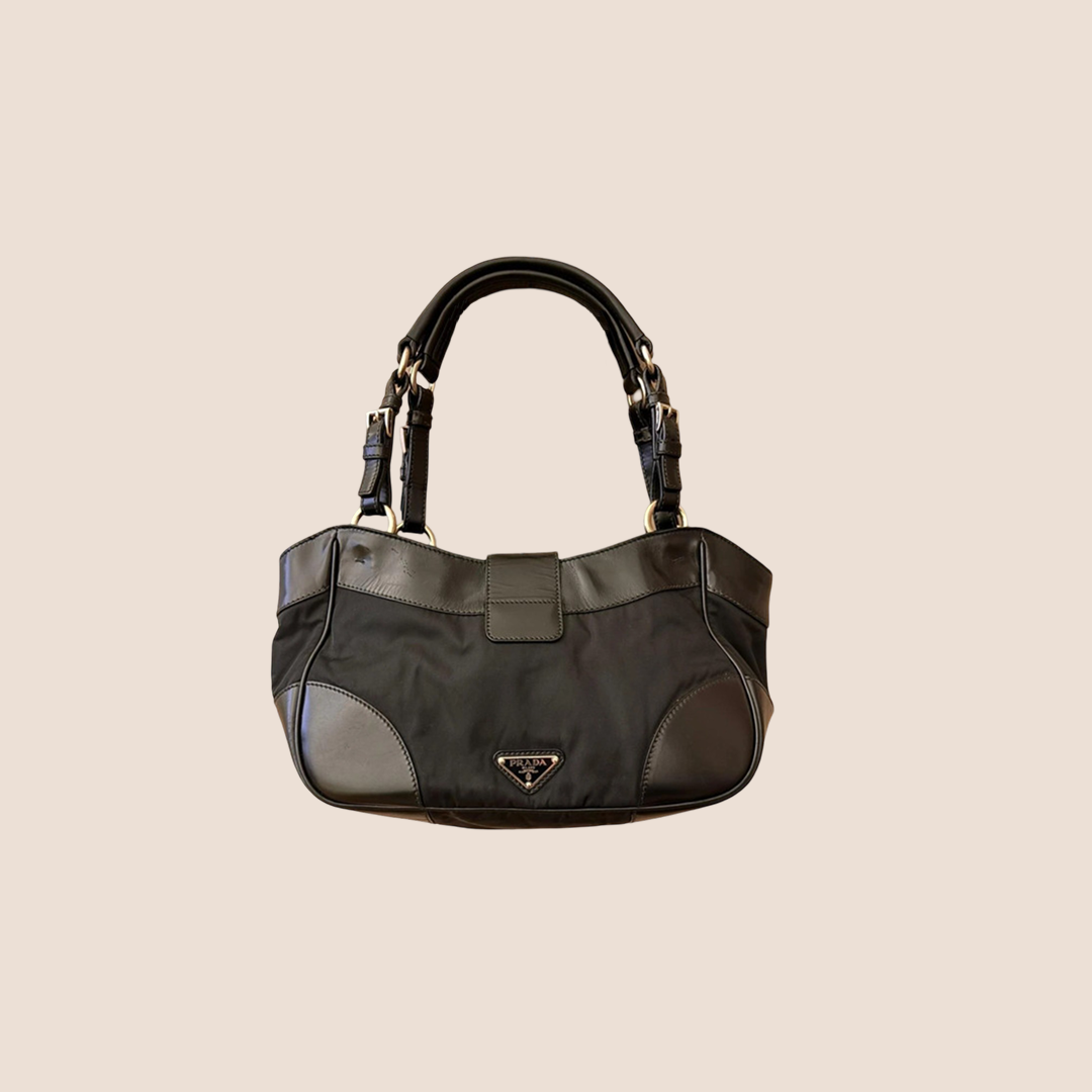 PRADA 2000s LEATHER TRIM BLACK TESSUTO TOTE BAG