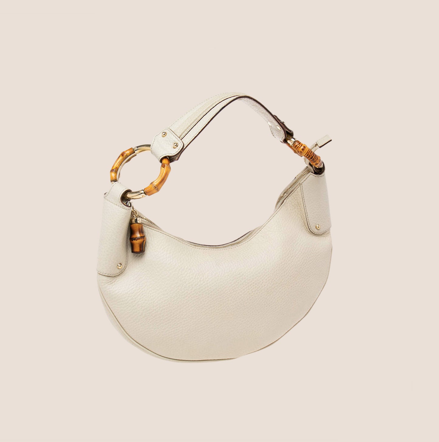 GUCCI WHITE LEATHER HALF MOON BAMBOO RING HOBO BAG