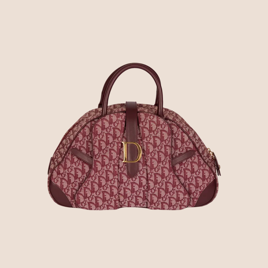 CHRISTIAN DIOR BURGUNDY TROTTER CANVAS SADDLE TOTE BAG